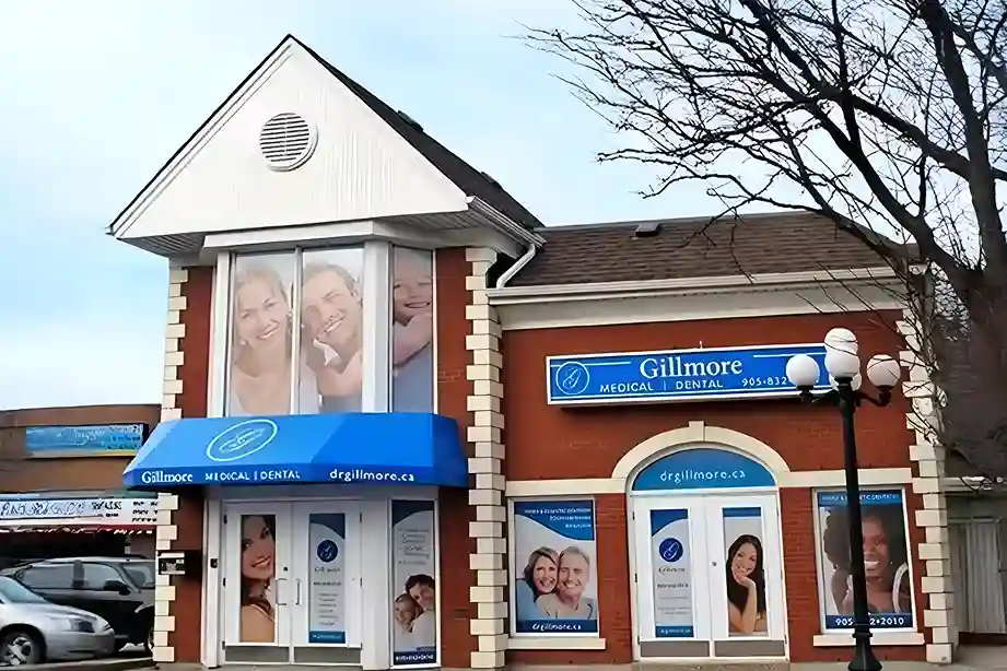 Exterior view of Gillmore Medical Dental clinic in Maple, Ontario, promoting dental implant services