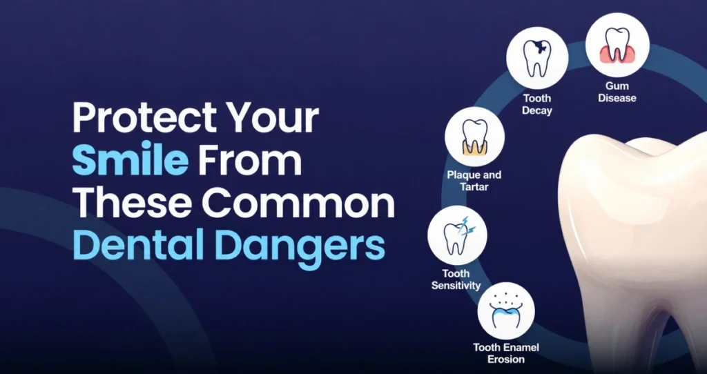 Dental health infographic showing common dental dangers to help protect your smile