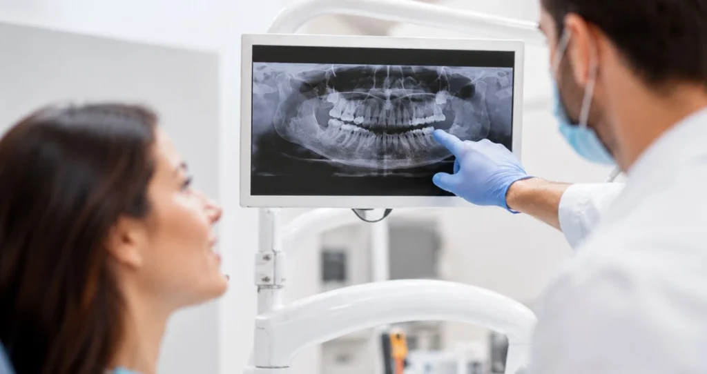 Dentist explaining a digital dental X-ray to a patient during a routine dental examination.