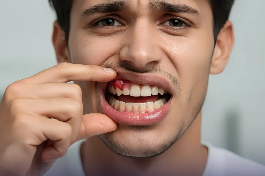 Close-up of swollen gums above a tooth, showing early signs of gum disease